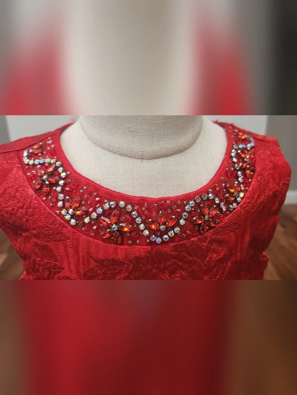 Rare Editions Girls Red Metallic Holiday Party Dress Jeweled Collar Bow Size 7